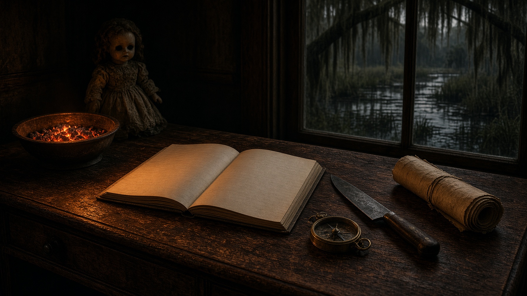 A night desk with a manuscript, a chef knife, and a porcelain doll, swamp beyond the window