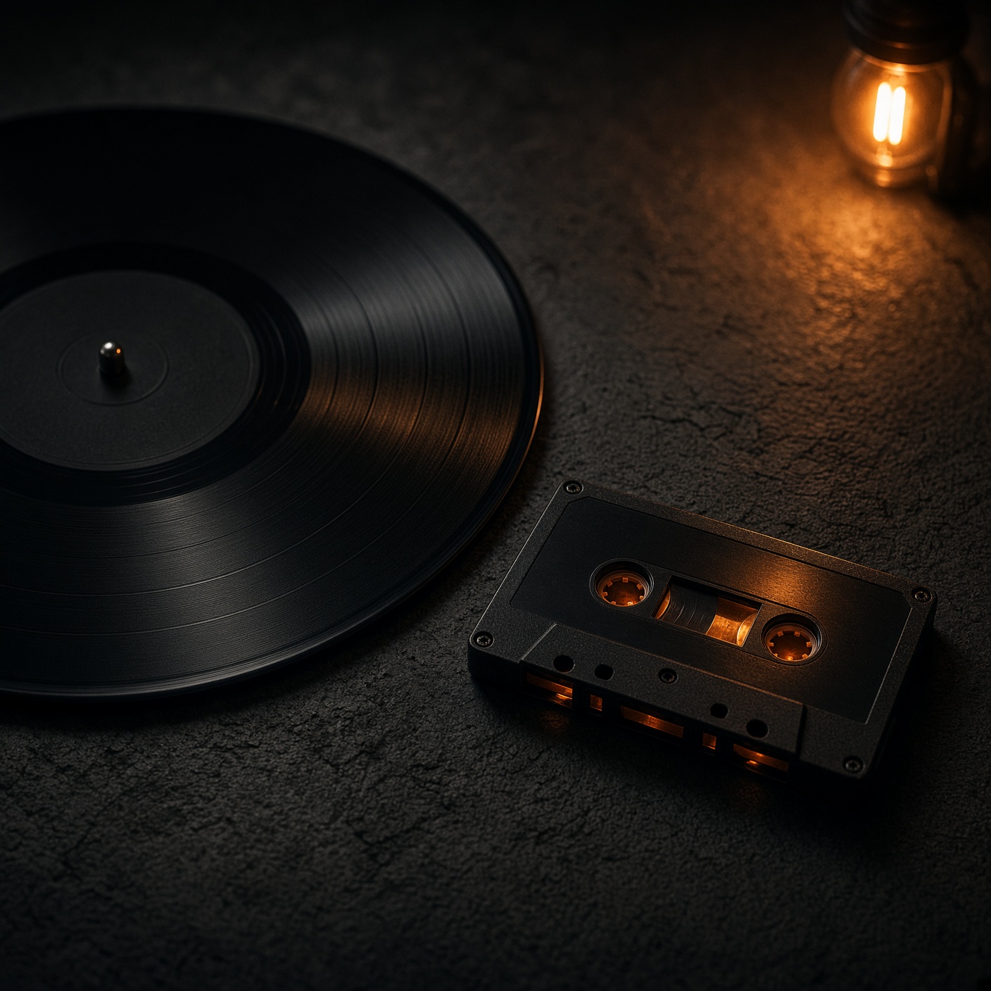 Vinyl and a cassette under a warm lamp